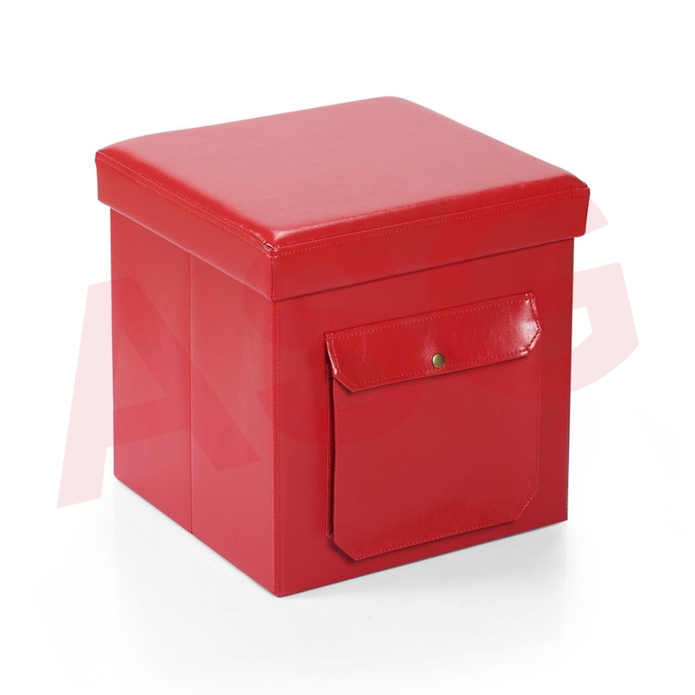 Hereford Range Foldable Cube Faux Leather Ottoman with Pocket-Red